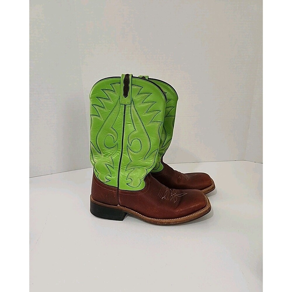 Old West Western Cowboy Boots Men 7 D Lime Green Brown Leather Square Toe RARE*